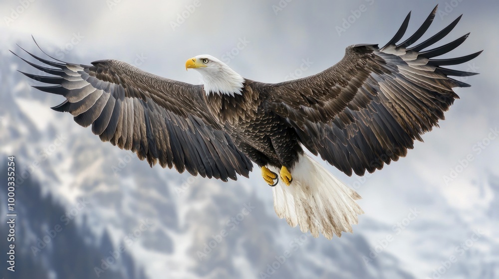 Fototapeta premium Bald Eagle with Wings Spread in Flight Against a Cloudy Sky