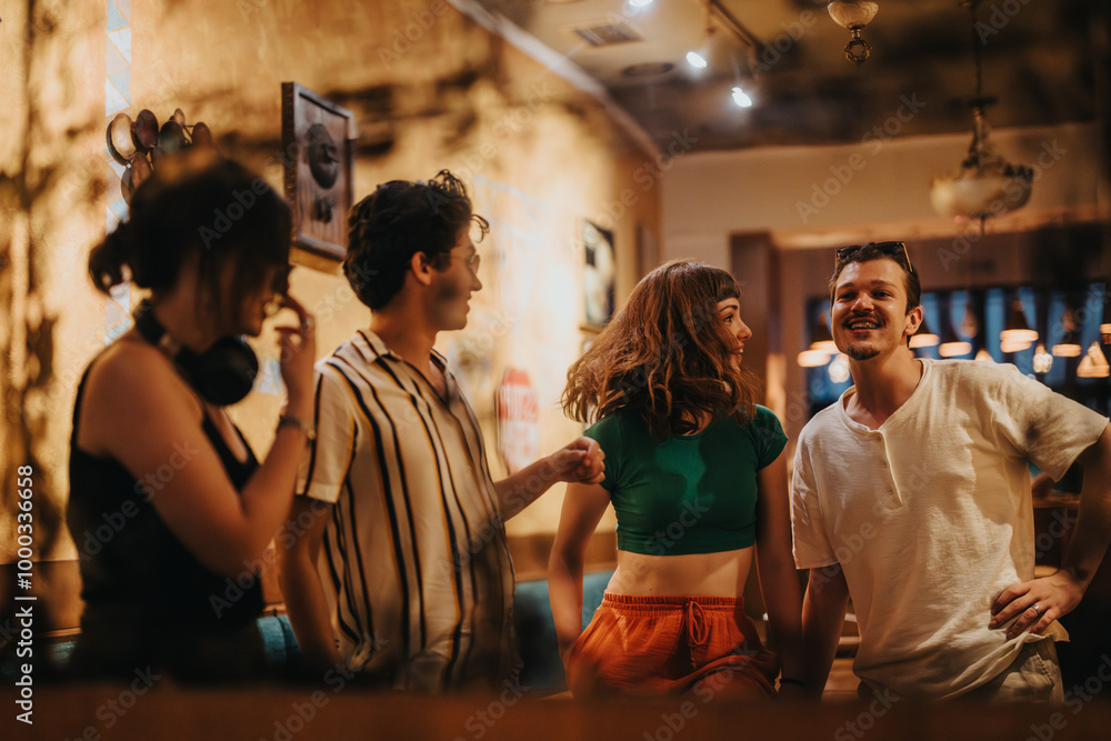 Fototapeta premium A group of young friends laughing and chatting in a warm, inviting cafe. The casual atmosphere and connection create a joyful social scene filled with fun and friendship.