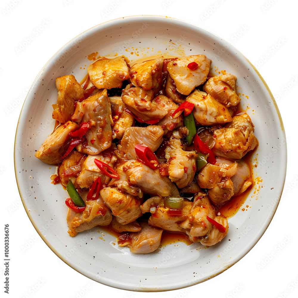 Delicious spicy chicken stir-fry served in a white bowl, garnished with red peppers and green beans, perfect for a flavorful meal Delicious spicy chicken stir-fry served in a white bowl, garnished with red peppers and green beans, perfect for a flavorful meal