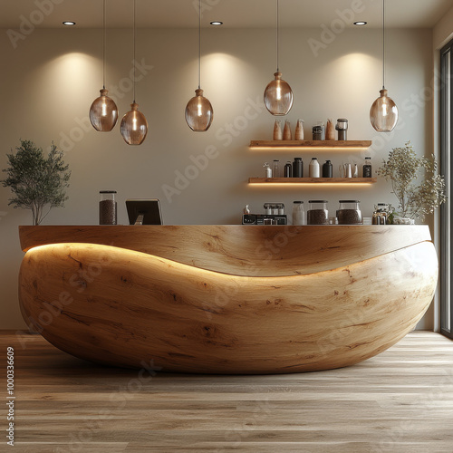 A modern coffee shop front desk, light wood color, white wall background, 3D rendering, high-resolution photography, professional studio lighting, precise details