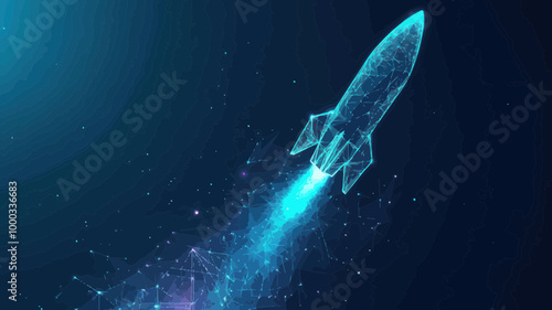 Abstract Rocket Launch Vector - Low Poly Spacecraft Boosting into Outer Space - Business Development and Technological Advancement Concept in Minimalist Style