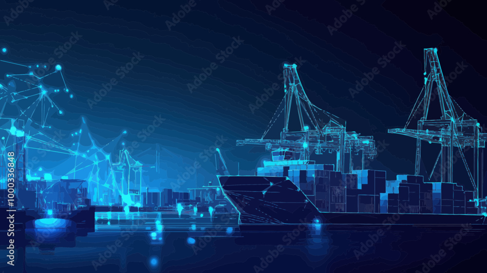 Fototapeta premium Digital Wireframe Trade Port with Cargo Ship, Containers, and Cranes - Low Poly Vector for Logistics, Transportation, and Worldwide Shipping Concepts