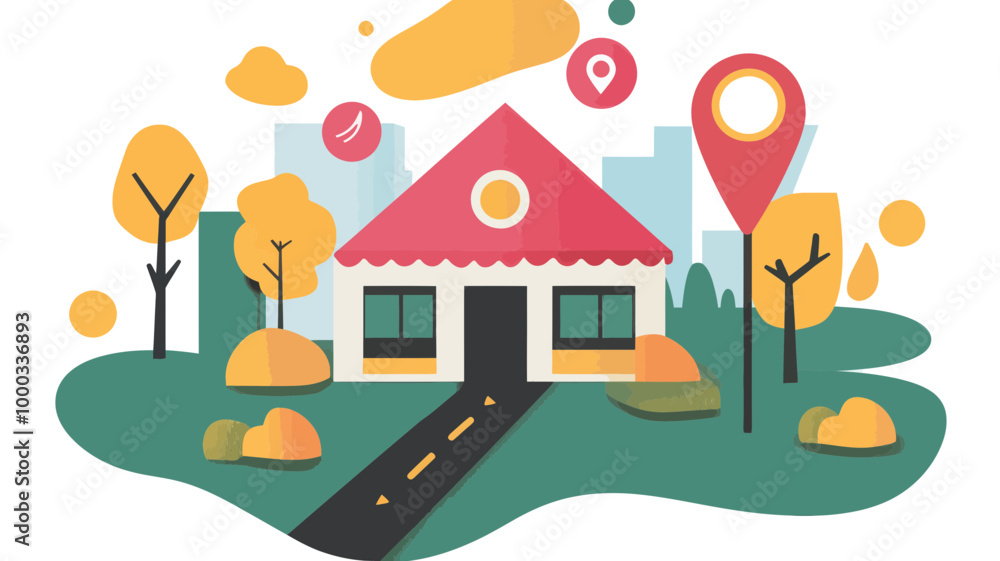 Flat Style Vector Design of Finding Nearest Store Concept with Storefront, Trees, Map Markers, and Pathway Flat Style Vector Design of Finding Nearest Store Concept with Storefront, Trees, Map Markers, and Pathway