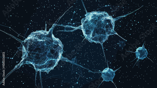 Polygonal Wireframe Cancer Cells in Space, Vector Oncology Cells in Starry Sky, Low Poly Destruct Shapes, Cancer Research Vector Image