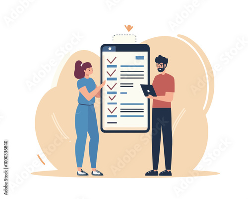 Flat Vector Illustration of People Completing Online Survey on Smartphone for Customer Feedback and Opinion Polls