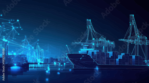 Digital Wireframe Trade Port with Cargo Ship, Containers, and Cranes - Low Poly Vector for Logistics, Transportation, and Worldwide Shipping Concepts