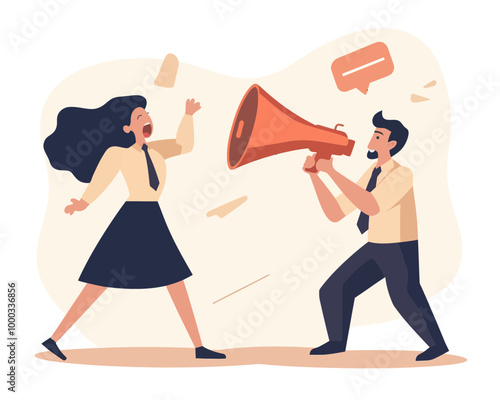 Business Announcement Concept with Businessman and Businesswoman Shouting Through Megaphone for Job Vacancy, Promotion, or Important Company Message in Flat Minimalist SVG Vector Style