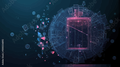Polygonal Bank Vault Door in Motion with Vector Mesh Spheres and Flying Debris, Flat Minimalist SVG Vector - Futuristic Security Concept