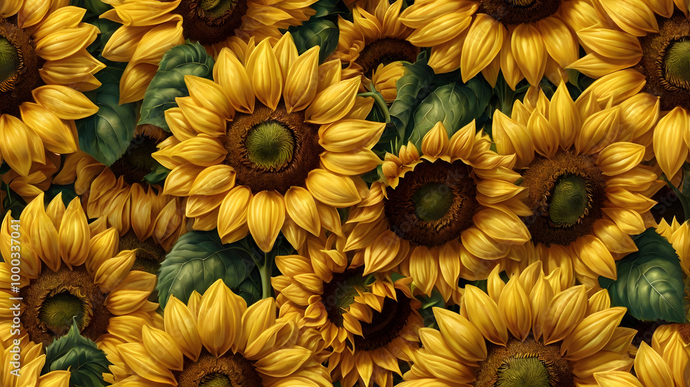 A photorealistic pattern of vibrant sunflowers in full bloom, detailed petals and realistic textures, bright yellow against a neutral background, arranged in a seamless repeating pattern. Hyper-realis A photorealistic pattern of vibrant sunflowers in full bloom, detailed petals and realistic textures, bright yellow against a neutral background, arranged in a seamless repeating pattern. Hyper-realis