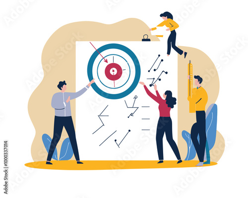 Business Team Strategic Planning for Success and Overcoming Obstacles, Brainstorming and Competitor Analysis, Flat Minimalist Vector
