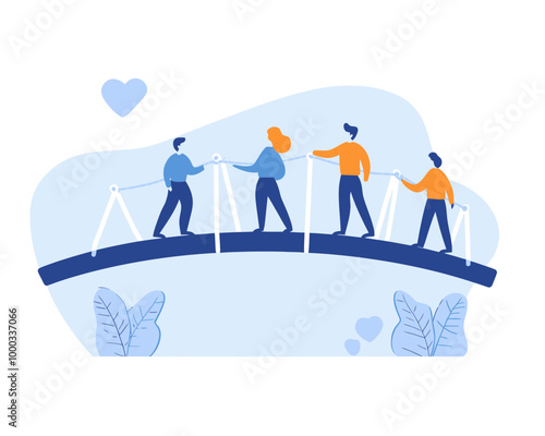 Business Team Collaboration Building Bridge Together in Minimalist Flat Vector Style Concept for Teamwork, Cooperation, and Partnership for Success