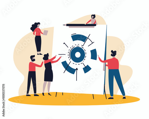 Team Strategic Planning and Business Success Tactics, Focused Team Brainstorming to Overcome Difficulties and Achieve Goals, Flat Minimalist SVG Vector