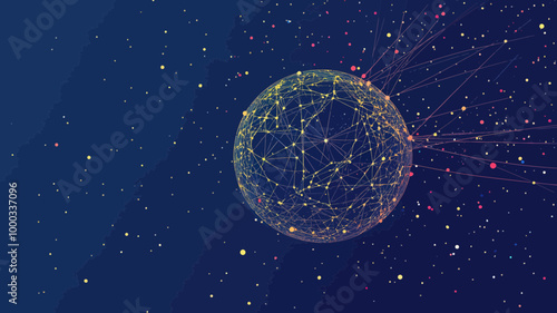 Abstract Starry Sky New Year Ball - Minimalist Wireframe of Planets, Stars, and Universe - Christmassy Vector Art in Space Theme - Ideal for Holiday Graphics