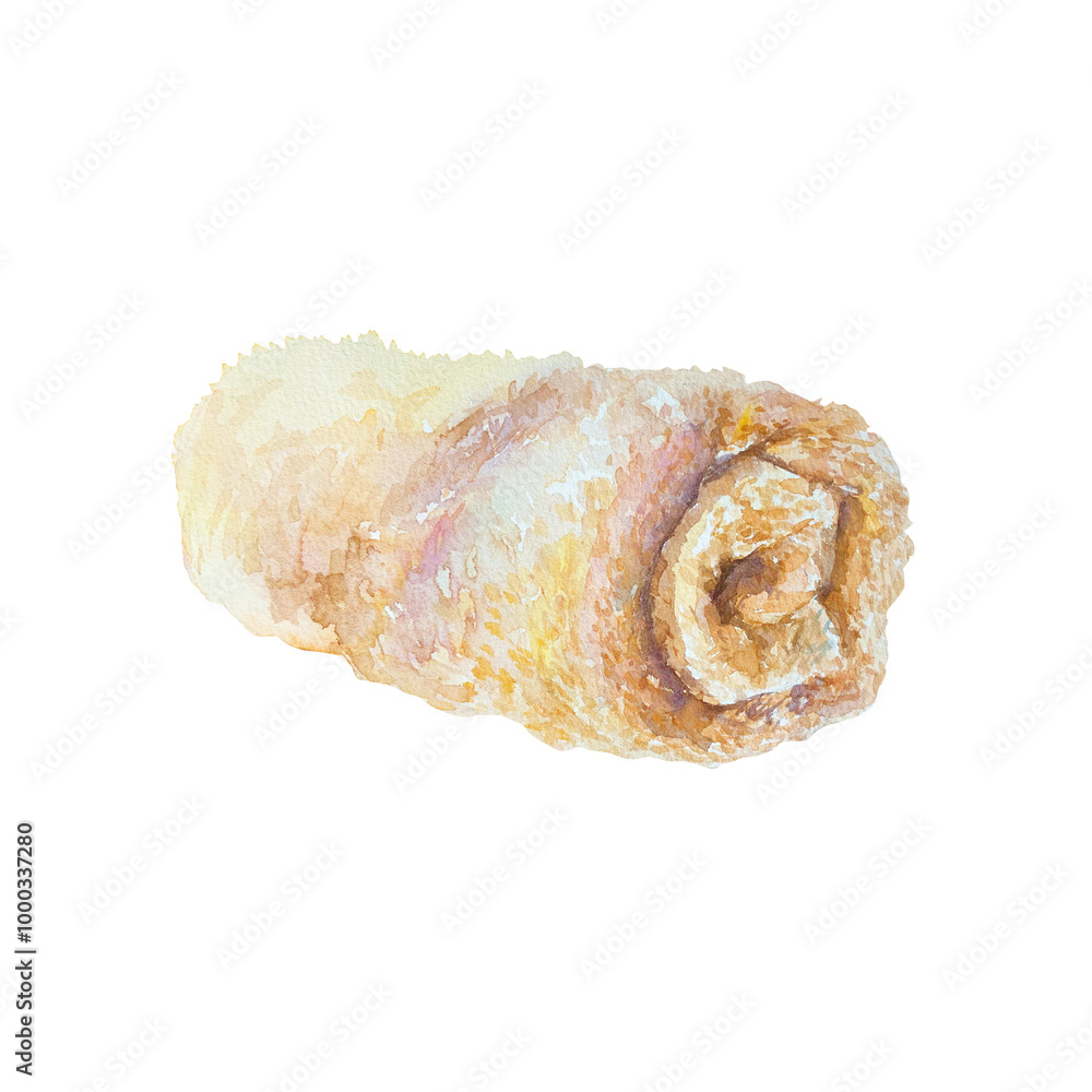 Terry towel rolled into a tube. Lavender SPA procedure. Hand drawn watercolor illustration isolated on white. For certificates and invitations, postcards, posters, banners, menus. Terry towel rolled into a tube. Lavender SPA procedure. Hand drawn watercolor illustration isolated on white. For certificates and invitations, postcards, posters, banners, menus.