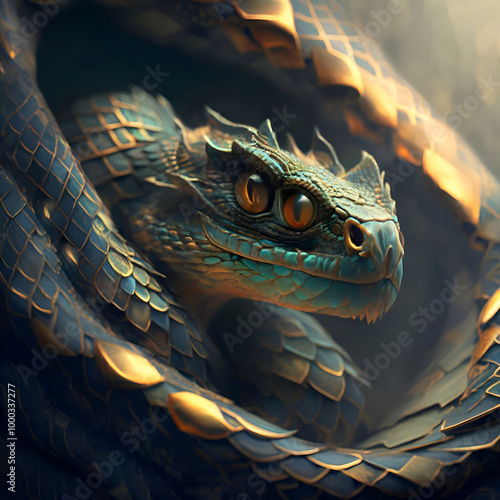 portrait of beautiful ancient snake. close up. Ai generated