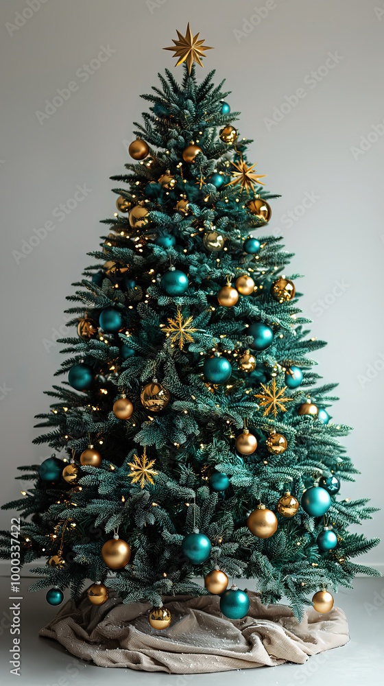Illustration AI Christmas tree adorned with teal and gold ornaments. Christmas concept, celebration. Illustration AI Christmas tree adorned with teal and gold ornaments. Christmas concept, celebration.