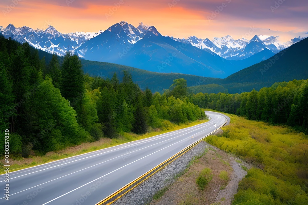 A picturesque road winding through a landscape with majestic mountains rising in the background A picturesque road winding through a landscape with majestic mountains rising in the background