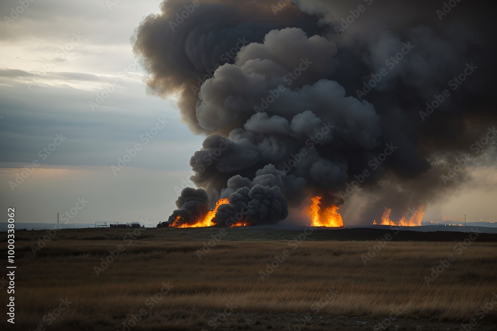 Photo & Art Print A large plume of black smoke rises from the