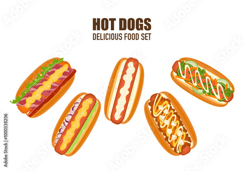 Delicious fast food illustration sets of fast food, homemade hot dogs, sandwiches, sausages, bread, top view, toppings, cooking, and fast food menus are isolated on a white background for advertising.