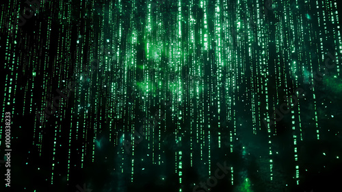 Matrix code rain wallpaper neon green alphanumeric symbols flowing down a black background. Digital Rain. Illustration