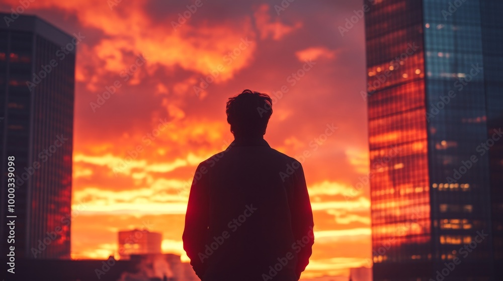 Silhouette of Person against Urban Sunset Silhouette of Person against Urban Sunset