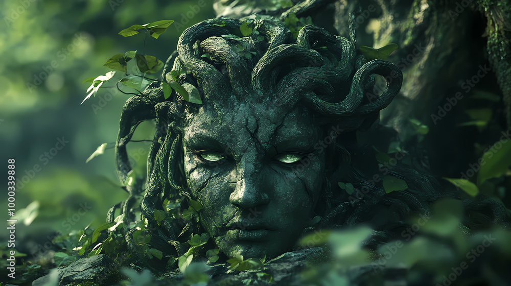 Mysterious medusa character in the forest. stone head. illustration. Medusa. Illustration Mysterious medusa character in the forest. stone head. illustration. Medusa. Illustration