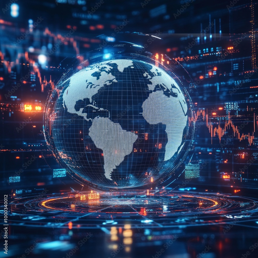 A futuristic digital representation of the Earth surrounded by glowing data streams. This image illustrates technology and global connectivity in a sleek, modern style A futuristic digital representation of the Earth surrounded by glowing data streams. This image illustrates technology and global connectivity in a sleek, modern style