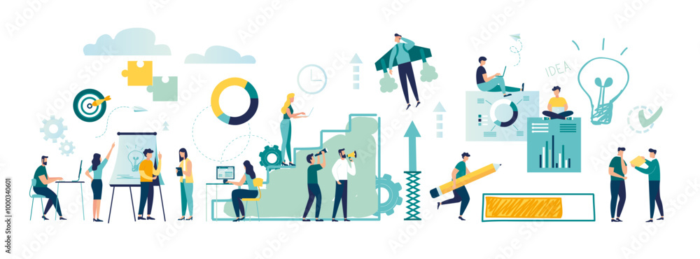Team work in office on improving business and ideas. Development of success plan for success, growth and achievement of company, growth of income of assets, combination of a group vector illustration Team work in office on improving business and ideas. Development of success plan for success, growth and achievement of company, growth of income of assets, combination of a group vector illustration