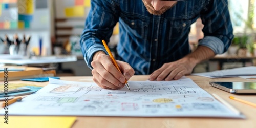 A focused individual sketches designs on paper at a creative workspace. The atmosphere is inspiring and full of ideas. This image captures innovation and artistic expression. AI