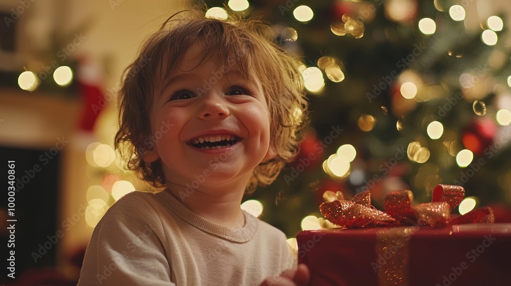A child in front of a Christmas tree, face beaming with excitement as they prepare to open presents 