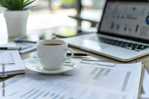 Wallpaper Mural High angle view of cup of coffee near copybook, laptop and smartphone on papers on table in office Torontodigital.ca