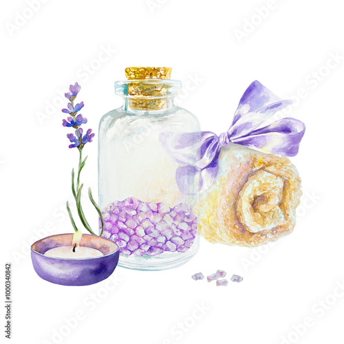 Lavender SPA treatment, bath sea salt in a bottle, towel, candle, flower. Hand drawn watercolor illustration isolated on white. For certificates and invitations, postcards, posters, banners, menu.