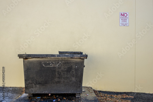 Dumpster with sign 