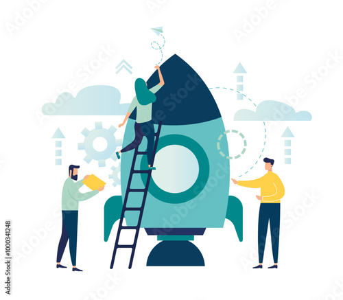 entrepreneurship teamwork on start up . people run rocket building ,investments ,ideas new project launch metaphor. company launches new acceleration product start. vector illustration teamwork