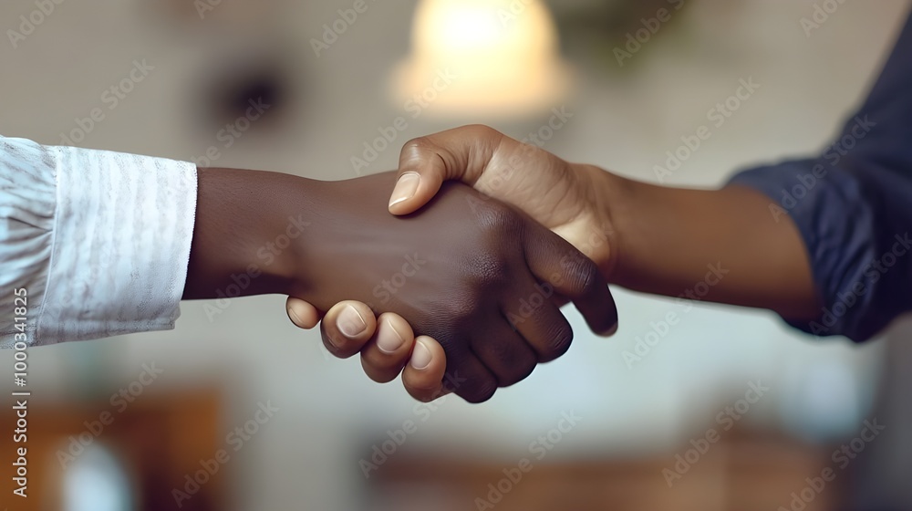 Real estate agent and customer shaking hands after signing contracts, ensuring compliance in a professional setting. Real estate agent and customer shaking hands after signing contracts, ensuring compliance in a professional setting.