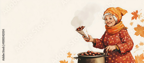Old lady in traditional clothing, holding a bag of roasted chestnuts next to a steaming pot. Theme of Spanish holiday 