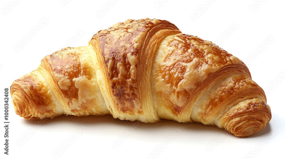 A golden brown croissant sprinkled with cheese isolated on a white background. A golden brown croissant sprinkled with cheese isolated on a white background.