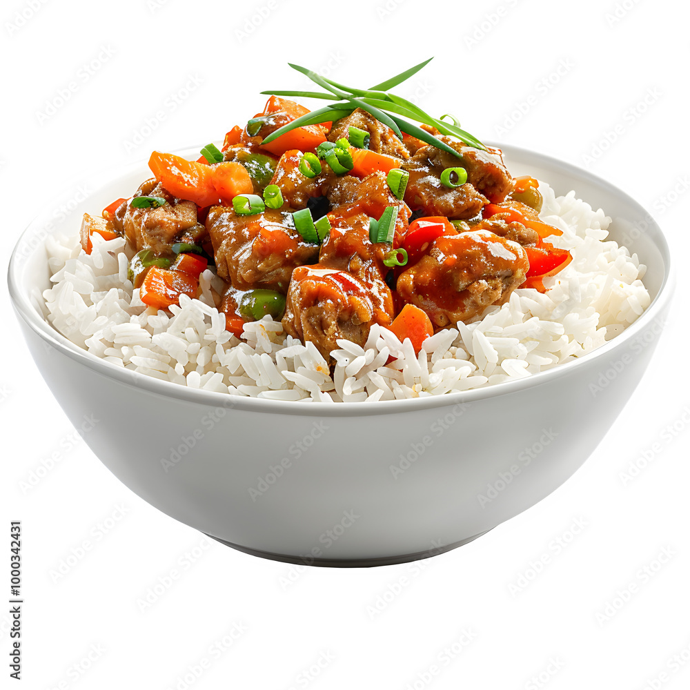 Delicious beef stir-fry mixed with vibrant veggies on a bed of fluffy white rice, topped with crisp green onions Delicious beef stir-fry mixed with vibrant veggies on a bed of fluffy white rice, topped with crisp green onions