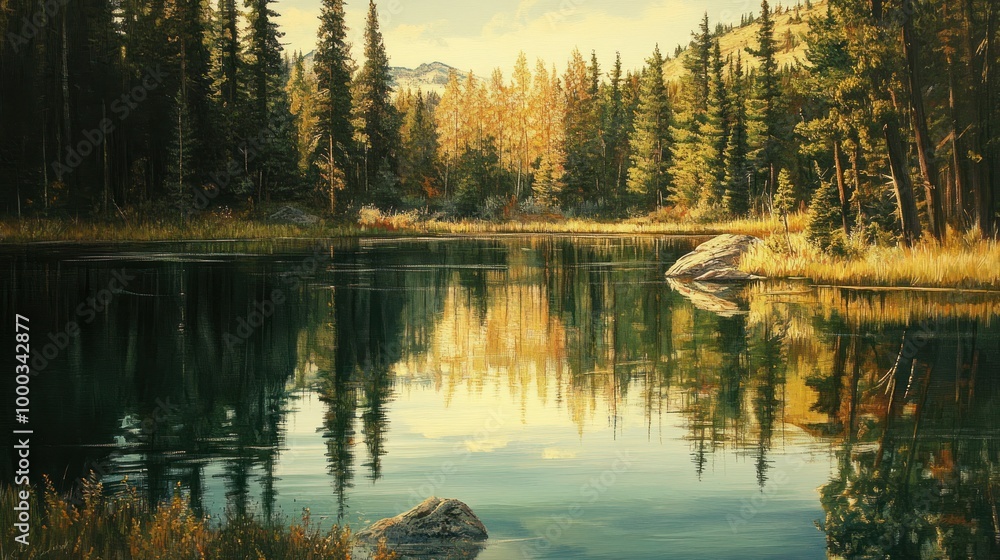 Fototapeta premium Serene Forest Pond with Reflections of Trees and Sky