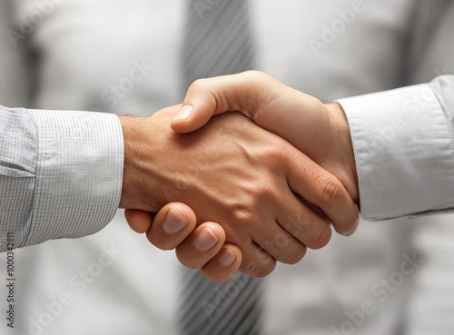 Two hands shaking, business people in shirts and ties isolated on a white background, with copy space for a concept stock photo, banner, or wallpaper.