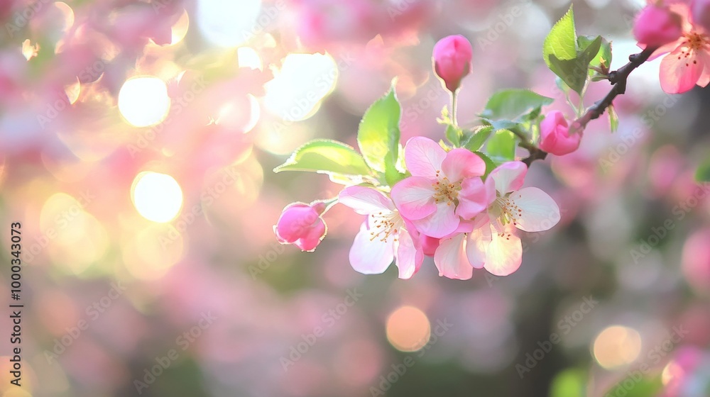 A branch of soft pink cherry blossoms in bloom, glowing in warm sunlight with bokeh background. A branch of soft pink cherry blossoms in bloom, glowing in warm sunlight with bokeh background.