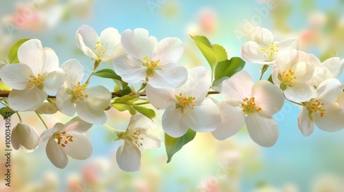 White apple blossoms in full bloom on a branch, set against a soft and bright spring sky background.