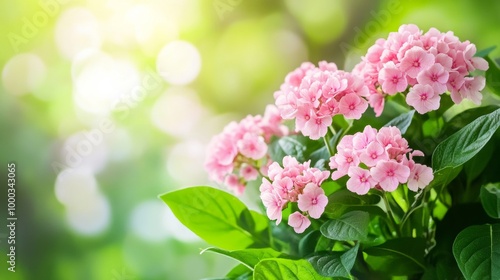 A vibrant cluster of pink hydrangea flowers with lush green leaves, illuminated by soft sunlight.
