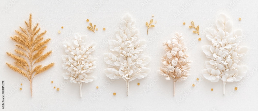 A row of intricately arranged white and beige botanical ornaments on a soft cream background with golden accents. A row of intricately arranged white and beige botanical ornaments on a soft cream background with golden accents.