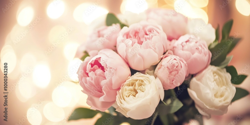 A bouquet of soft pink and white peonies with lush green leaves, softly lit against a glowing bokeh background. A bouquet of soft pink and white peonies with lush green leaves, softly lit against a glowing bokeh background.