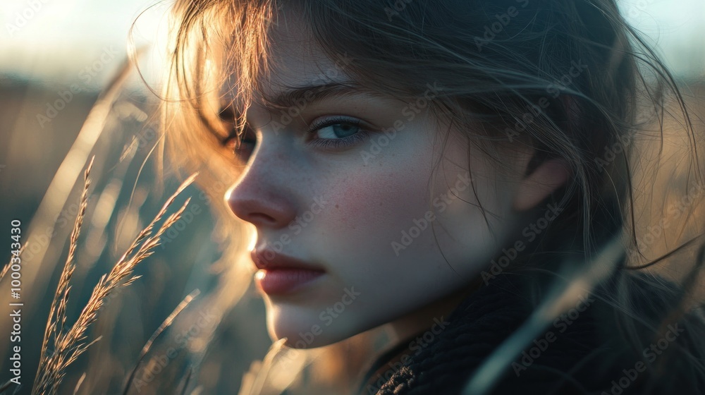A Young Woman with Freckles Gazing into the Distance, Sunlight Catching Her Hair A Young Woman with Freckles Gazing into the Distance, Sunlight Catching Her Hair