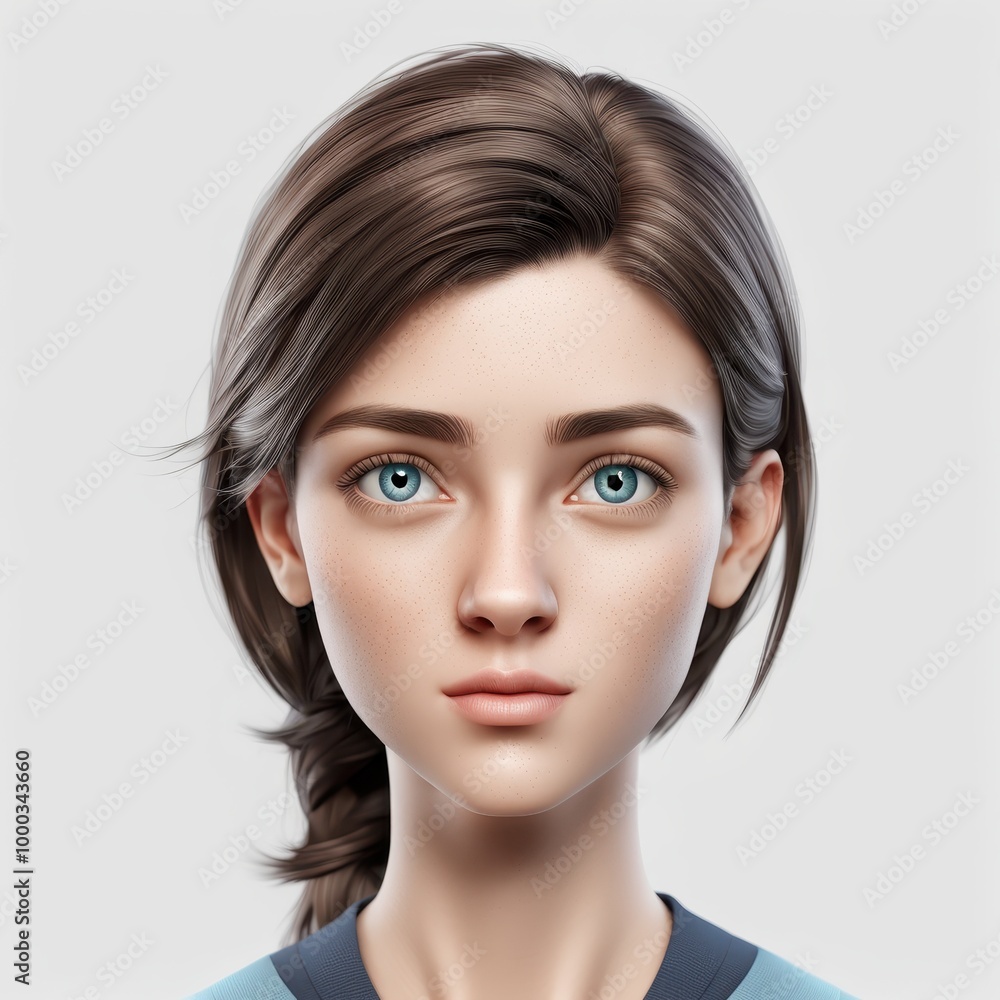 A realistic digital portrait of a young woman with blue eyes and brown hair. A realistic digital portrait of a young woman with blue eyes and brown hair.