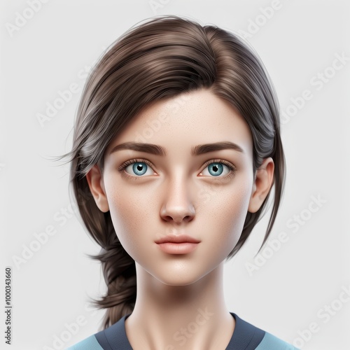 A realistic digital portrait of a young woman with blue eyes and brown hair.