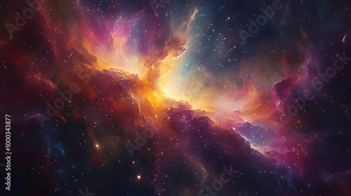 Stunning image of a vibrant nebula in deep space, showcasing a beautiful array of colors and celestial wonders of the universe. Deep Space Travel. Illustration