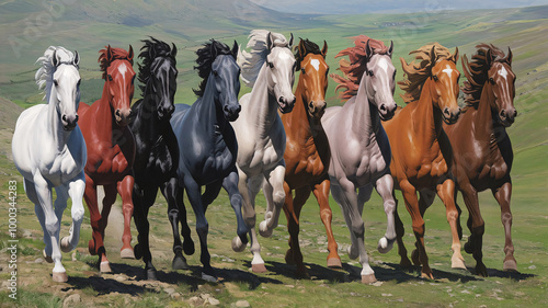 Painting of a herd of horses running freely in a green field. The sky is clear and beautiful, and images for wallpaper or wall pictures.